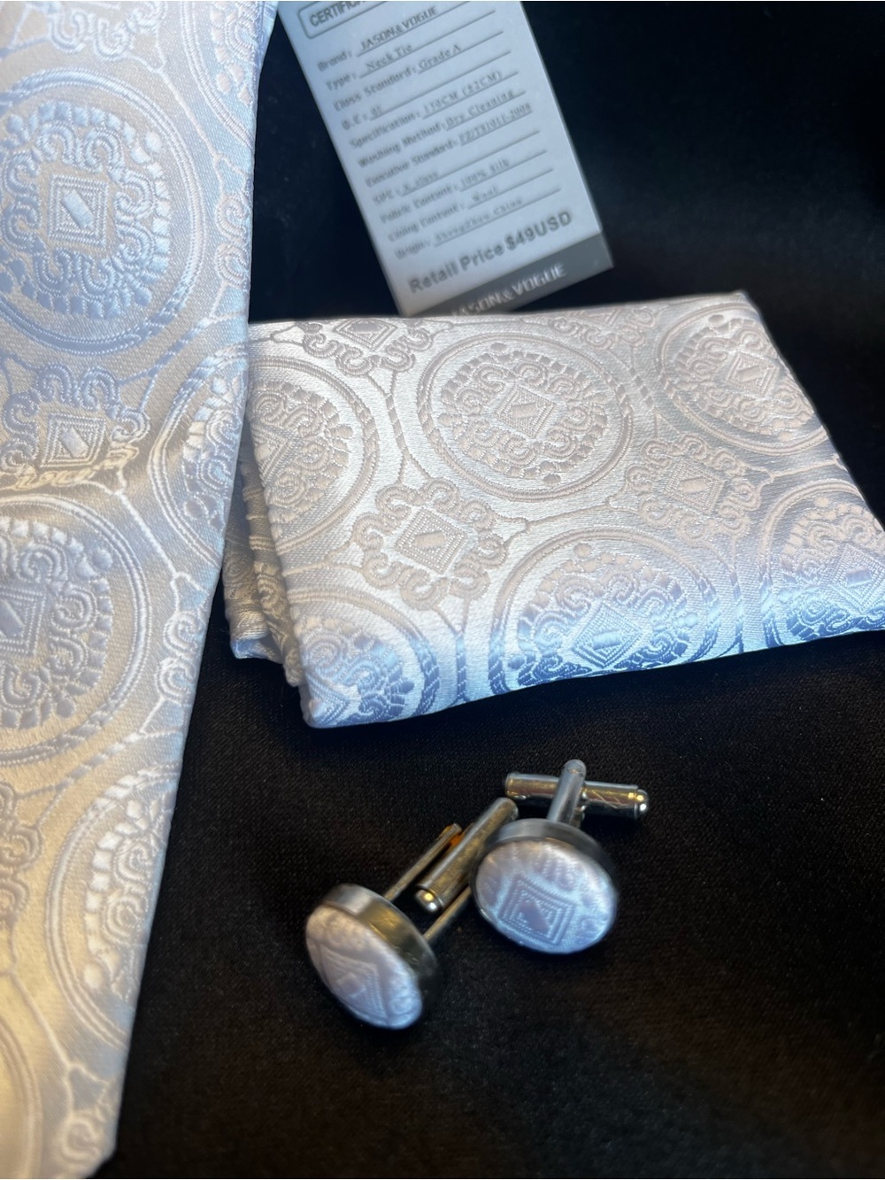 Men's Light Silver Paisley Jacquard Tie Set with Pocket Square & Cufflinks - Picture 3 of 3